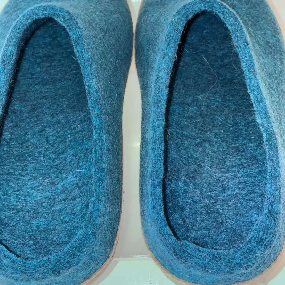 Glerups Unisex Wool Felt Slip-On Slippers with Leather Sole in Denim Blue